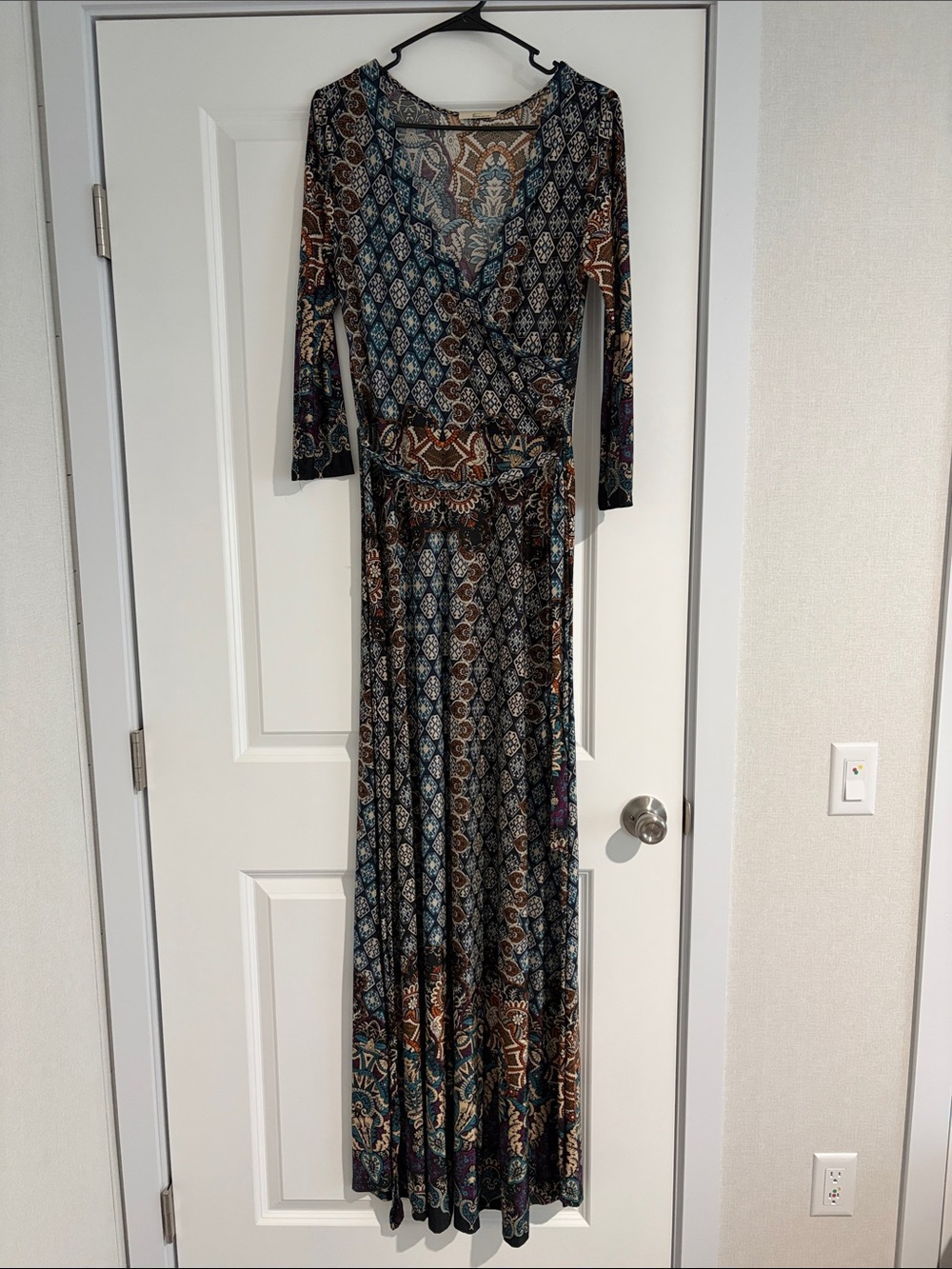 Printed Wrap Maxi Dress in Blue and Brown